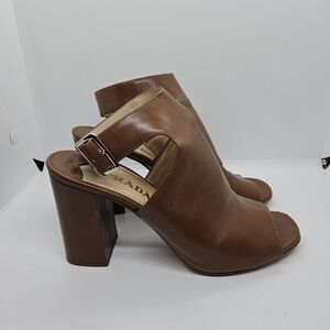Prada brown leather peeptoe ankle wrap heel booties EU 38